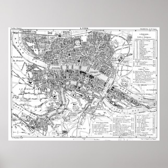 Vintage Map of Lyon France (1888) BW Poster (Front)