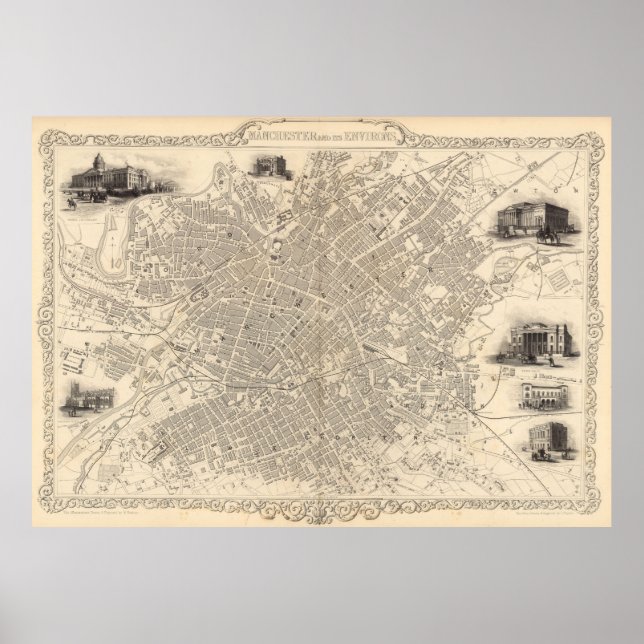 Vintage Map of Manchester England (1851) Poster (Front)