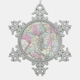 Vintage Map of Maryland (1855) Snowflake Pewter Christmas Ornament