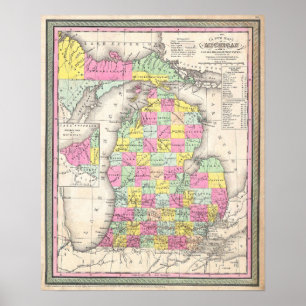 Vintage Map of Michigan, 1853 Poster