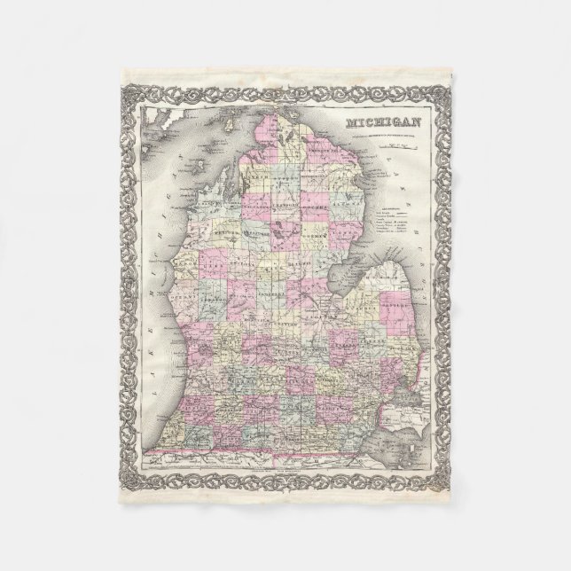 Vintage Map of Michigan (1855) Fleece Blanket (Front)