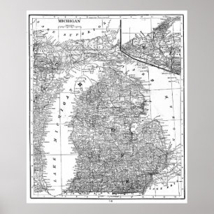Vintage Map of Michigan (1909) BW Poster