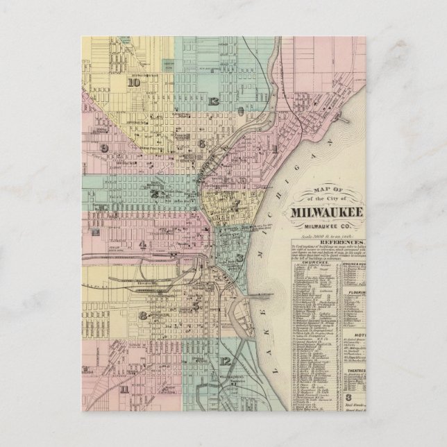 Vintage Map of Milwaukee Wisconsin (1878) Postcard (Front)