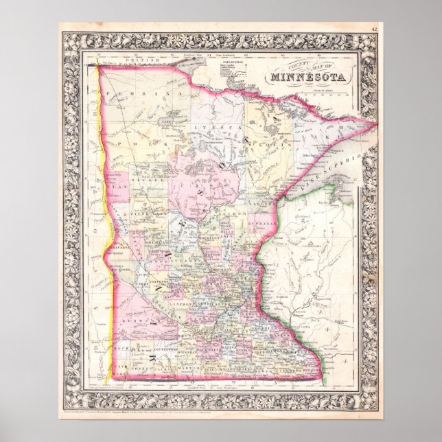 Vintage Map of Minnesota, 1864 Poster (Front)