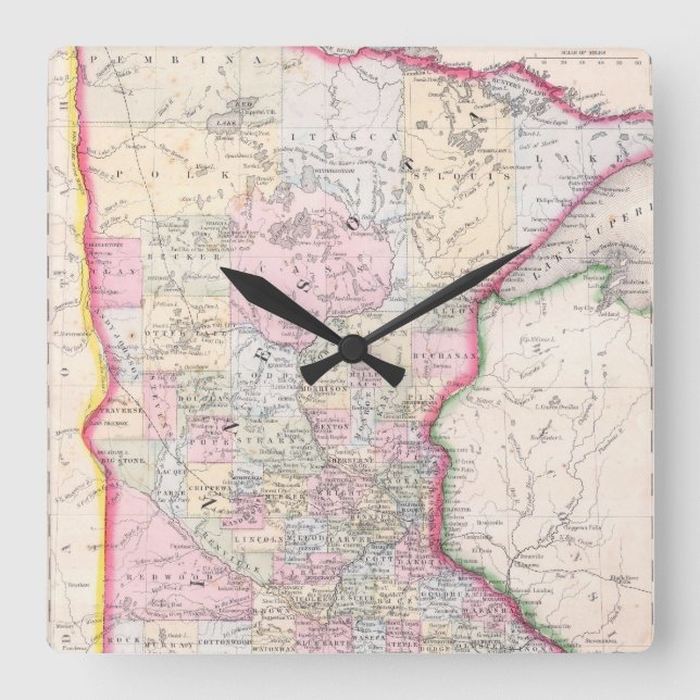 Vintage Map of Minnesota (1864) Square Wall Clock (Front)
