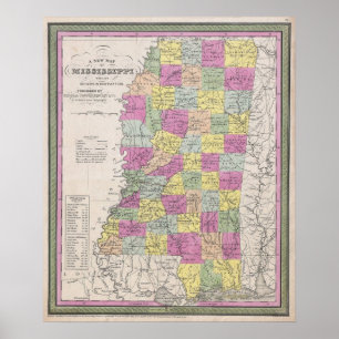 Vintage Map of Mississippi (1853) Poster