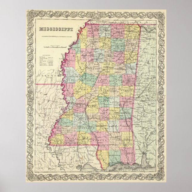 Vintage Map of Mississippi (1856) Poster (Front)
