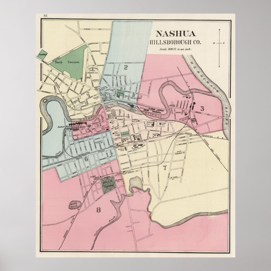 Vintage Map of Nashua NH (1877) Poster | Zazzle