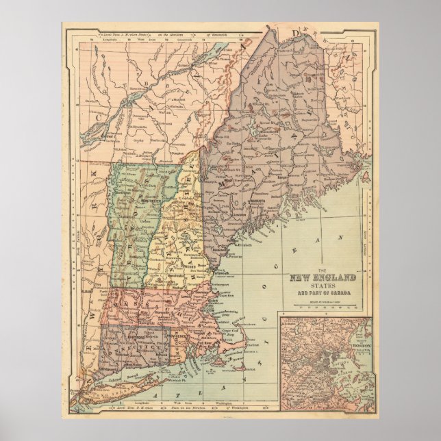 Vintage Map of New England (1880) Poster (Front)