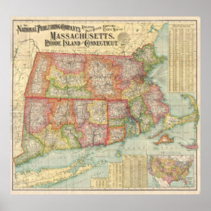 Vintage Map of New England States (1900) Poster