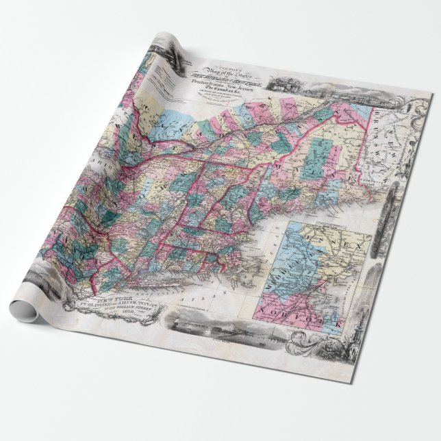 Vintage Map of New England Wrapping Paper (Unrolled)