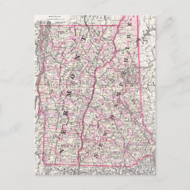 Vintage Map of New Hampshire and Vermont (1861) Postcard (Front)