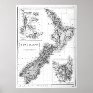 Vintage Map of New Zealand (1854) BW Poster