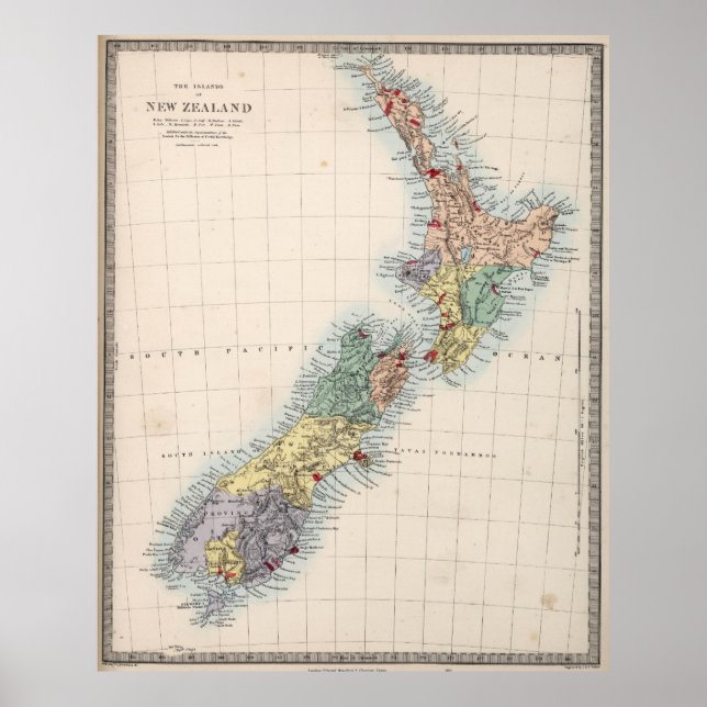 Vintage Map of New Zealand (1865) Poster (Front)