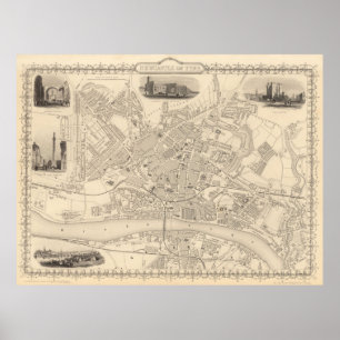 Vintage Map of Newcastle England (1851) Poster