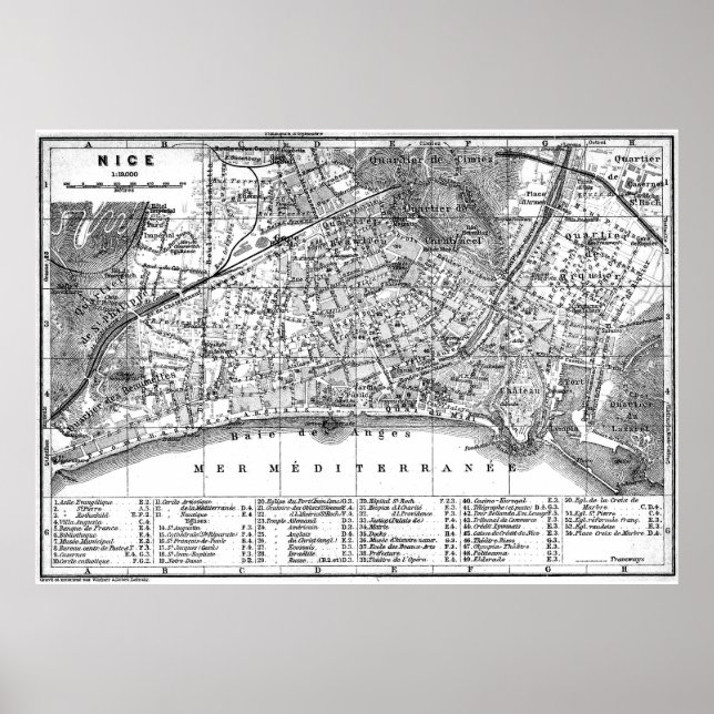 Vintage Map of Nice France (1914) BW Poster (Front)