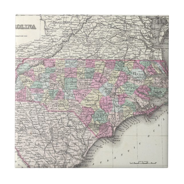 Vintage Map of North Carolina (1855) Tile (Front)