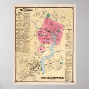 Vintage Map of Norwalk CT (1867) Poster
