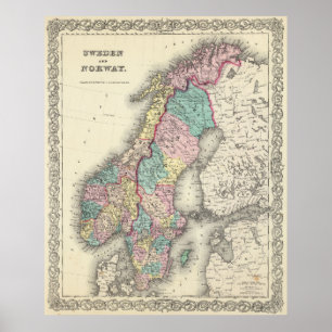 Vintage Map of Norway and Sweden (1856) Poster