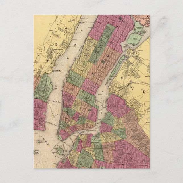 Vintage Map of NYC and Brooklyn (1868) Postcard (Front)
