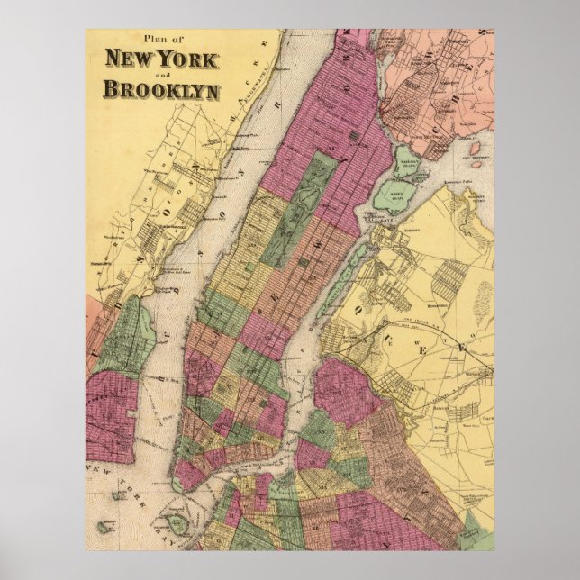 Vintage Map of NYC and Brooklyn (1868) Poster (Front)