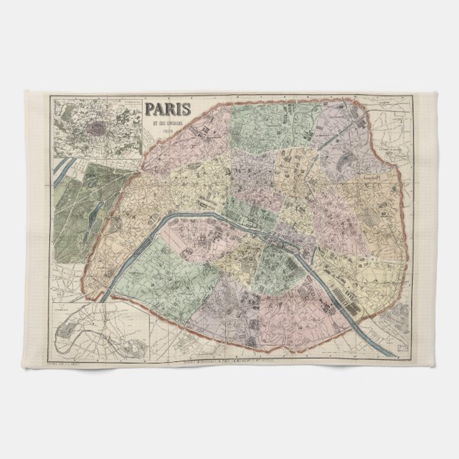 Vintage Map of Paris 1878 Tea Towel (Horizontal)