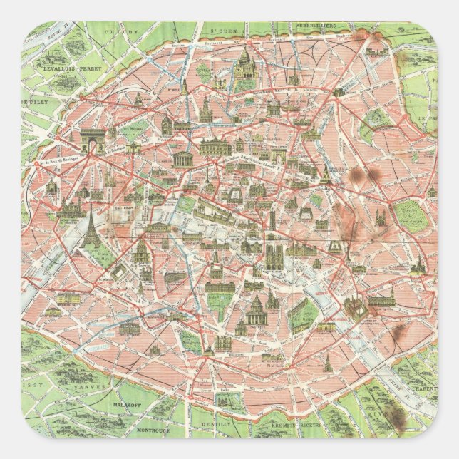 Vintage Map of Paris (1920) Square Sticker (Front)