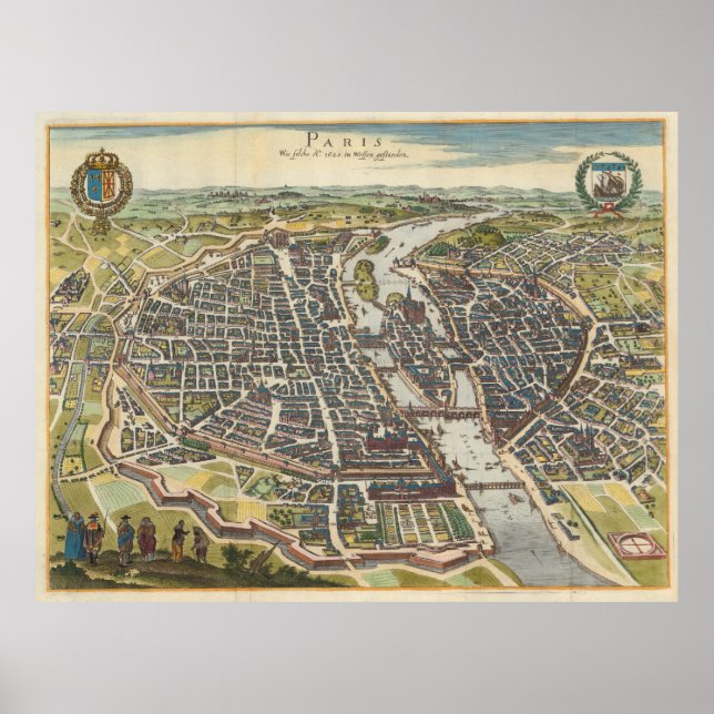 Vintage Map of Paris France (1655) Poster (Front)
