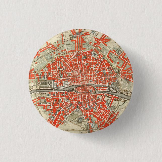 Vintage Map of Paris France (1721–1774) 3 Cm Round Badge (Front)