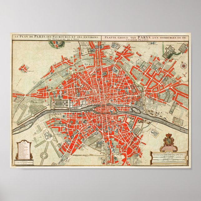 Vintage Map of Paris France (1721–1774) Poster (Front)