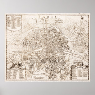 Vintage Map of Paris France (1742) Poster