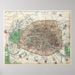 Vintage Map of Paris France (1872) Poster