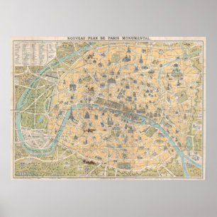 Vintage Map of Paris France (1890) Poster