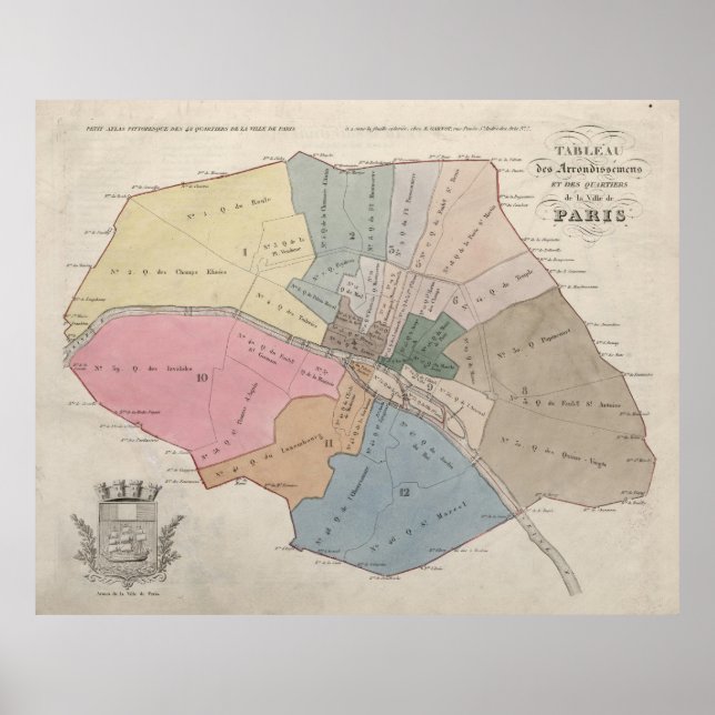 Vintage Map of Paris Neighborhoods (1836) Poster (Front)