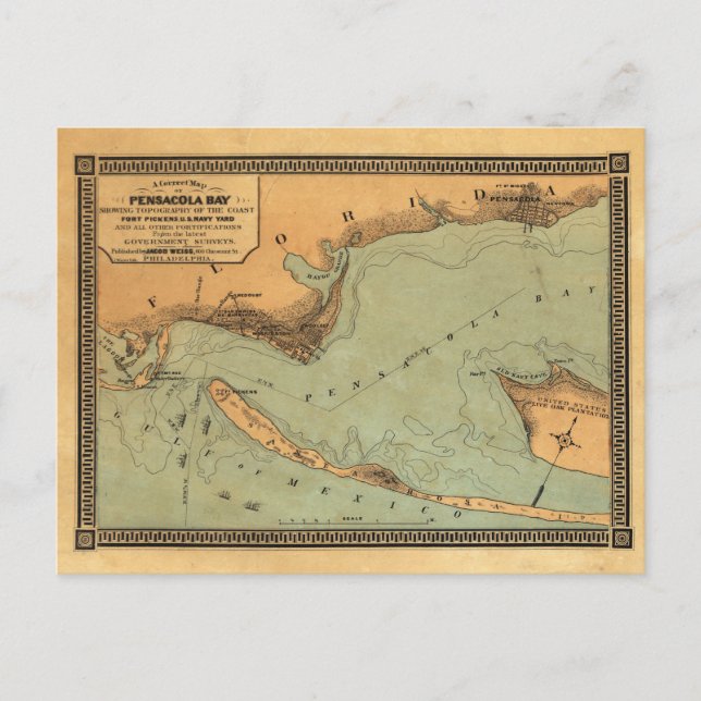 Vintage map of Pensacola, Florida bay Postcard (Front)