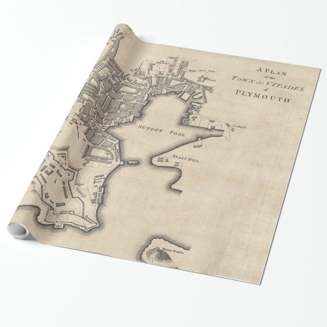 Vintage Map of Plymouth England (1765) Wrapping Paper (Unrolled)
