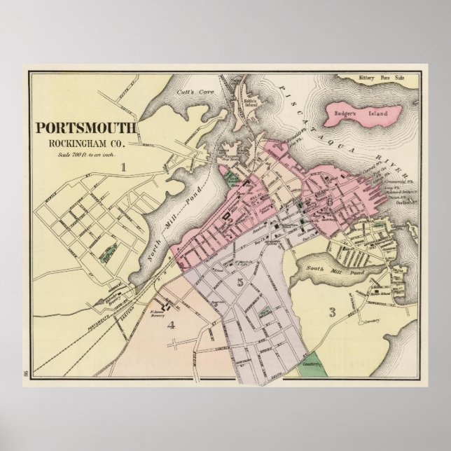 Vintage Map of Portsmouth NH (1877) Poster (Front)
