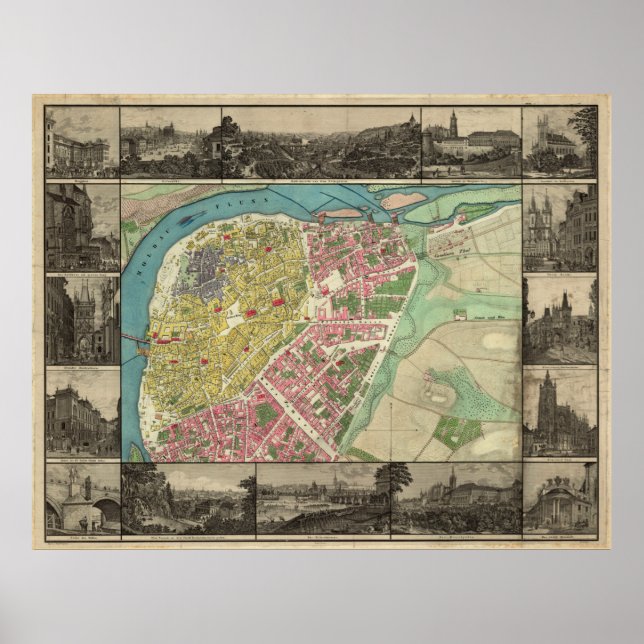 Vintage Map of Prague Czech Republic (1845) Poster (Front)