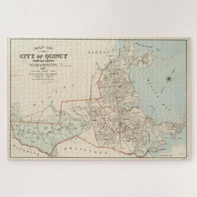Vintage Map of Quincy MA (1907) Jigsaw Puzzle (Horizontal)
