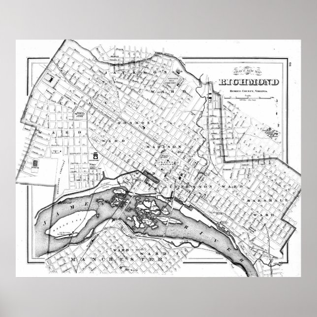 Vintage Map of Richmond Virginia (1884) BW Poster (Front)