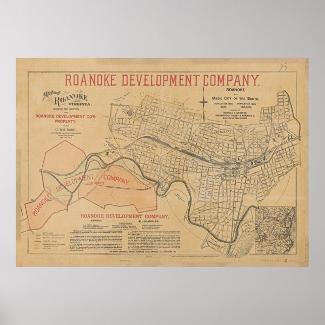 Vintage Map of Roanoke VA (1890) Poster (Front)