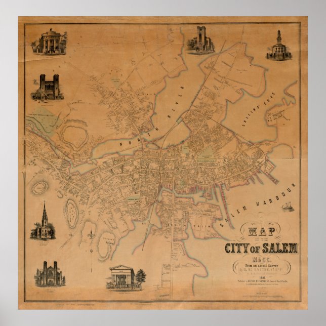Vintage Map of Salem MA (1851) Poster (Front)