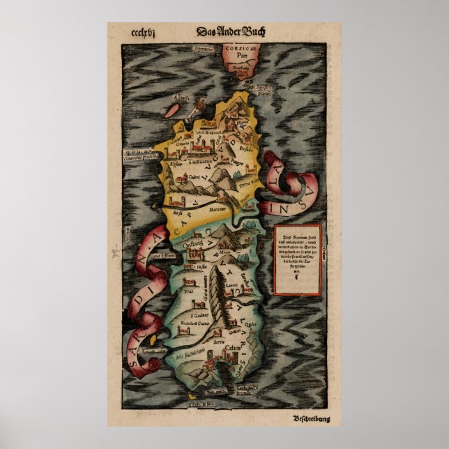 Vintage Map of Sardinia Italy (16th Century) Poster (Front)