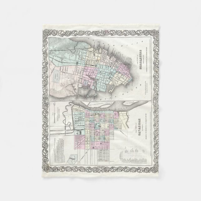Vintage Map of Savannah and Charleston (1855) Fleece Blanket (Front)