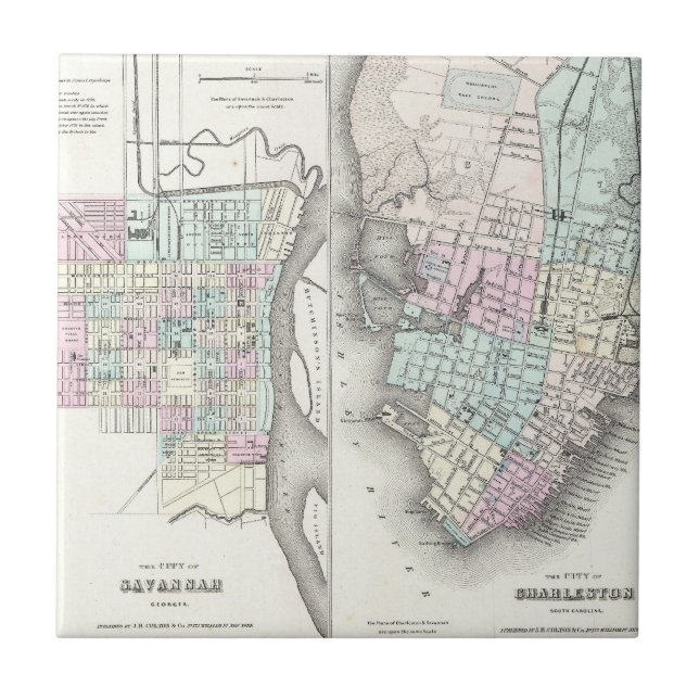 Vintage Map of Savannah and Charleston (1855) Tile (Front)