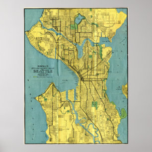 Vintage Map of Seattle Washington (1914) Poster