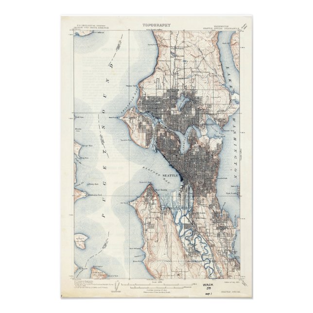 Vintage Map of Seattle Washington Photo Print (Front)