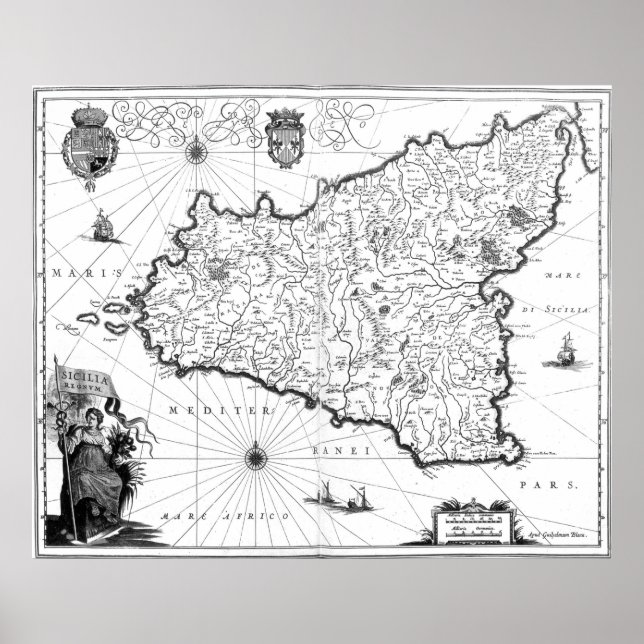 Vintage Map of Sicily Italy (1600s) BW Poster (Front)