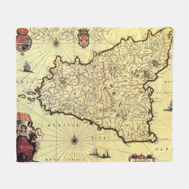 Vintage Map of Sicily Italy (1600s) Fleece Blanket (Front (Horizontal))