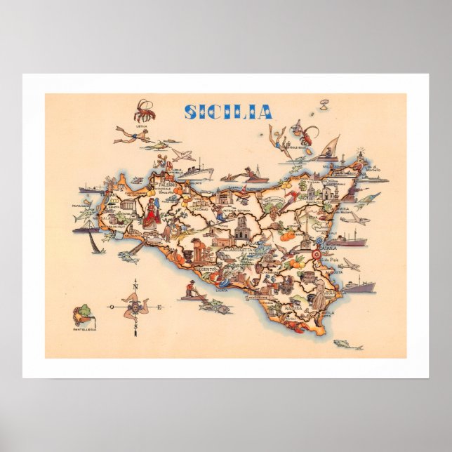 Vintage Map of Sicily Print (Front)